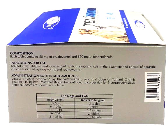 Teknovet Tenizol Pet Oral Tablet Dog & Cat Deworming,endoparasite & anthelmitic 50 tablets